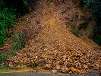 The Nakhu River floods and affects the riverbanks and homes during heavy rainfall in Kathmandu, Nepal, on September 28, 2024. (