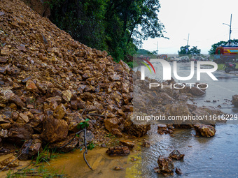 The Nakhu River floods and affects the riverbanks and homes during heavy rainfall in Kathmandu, Nepal, on September 28, 2024. (