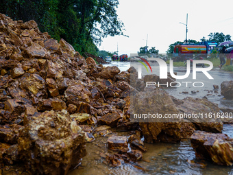 The Nakhu River floods and affects the riverbanks and homes during heavy rainfall in Kathmandu, Nepal, on September 28, 2024. (