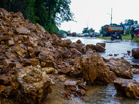 The Nakhu River floods and affects the riverbanks and homes during heavy rainfall in Kathmandu, Nepal, on September 28, 2024. (