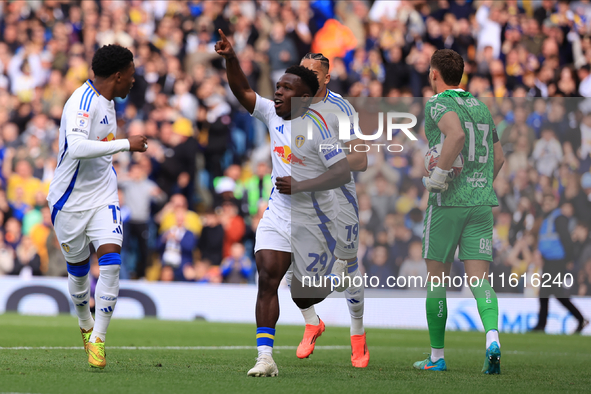 Wilfried Gnonto (Leeds United) scores his team's first goal during the Sky Bet Championship match between Leeds United and Coventry City at...