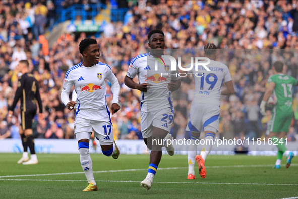 Wilfried Gnonto (Leeds United) scores his team's first goal during the Sky Bet Championship match between Leeds United and Coventry City at...