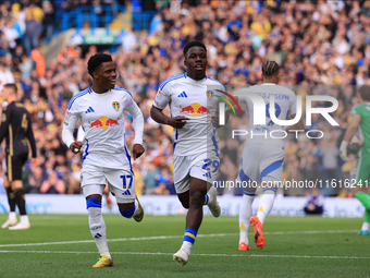 Wilfried Gnonto (Leeds United) scores his team's first goal during the Sky Bet Championship match between Leeds United and Coventry City at...