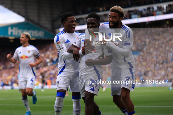 Wilfried Gnonto (Leeds United) scores his team's first goal during the Sky Bet Championship match between Leeds United and Coventry City at...