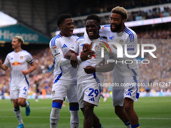 Wilfried Gnonto (Leeds United) scores his team's first goal during the Sky Bet Championship match between Leeds United and Coventry City at...