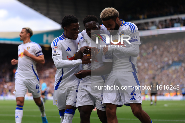 Wilfried Gnonto (Leeds United) scores his team's first goal during the Sky Bet Championship match between Leeds United and Coventry City at...