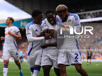 Wilfried Gnonto (Leeds United) scores his team's first goal during the Sky Bet Championship match between Leeds United and Coventry City at...