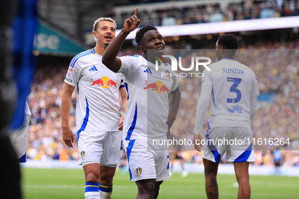 Wilfried Gnonto (Leeds United) scores his team's first goal during the Sky Bet Championship match between Leeds United and Coventry City at...