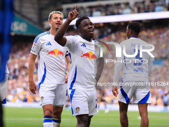 Wilfried Gnonto (Leeds United) scores his team's first goal during the Sky Bet Championship match between Leeds United and Coventry City at...