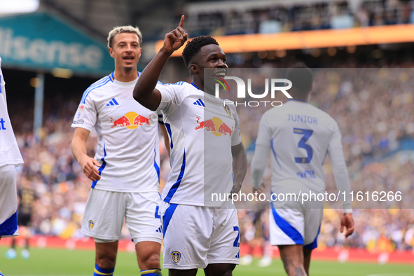 Wilfried Gnonto (Leeds United) scores his team's first goal during the Sky Bet Championship match between Leeds United and Coventry City at...