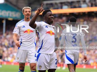 Wilfried Gnonto (Leeds United) scores his team's first goal during the Sky Bet Championship match between Leeds United and Coventry City at...