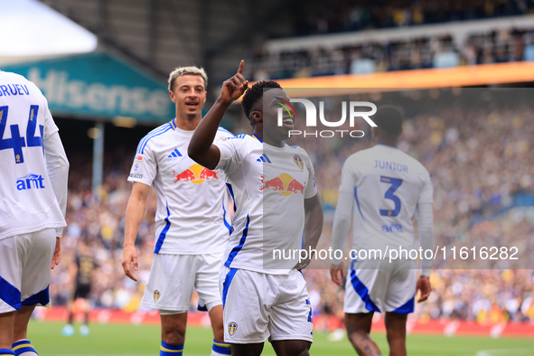 Wilfried Gnonto (Leeds United) scores his team's first goal during the Sky Bet Championship match between Leeds United and Coventry City at...