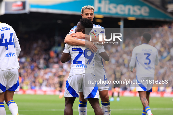 Wilfried Gnonto (Leeds United) scores his team's first goal during the Sky Bet Championship match between Leeds United and Coventry City at...