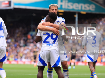 Wilfried Gnonto (Leeds United) scores his team's first goal during the Sky Bet Championship match between Leeds United and Coventry City at...