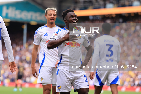 Wilfried Gnonto (Leeds United) scores his team's first goal during the Sky Bet Championship match between Leeds United and Coventry City at...