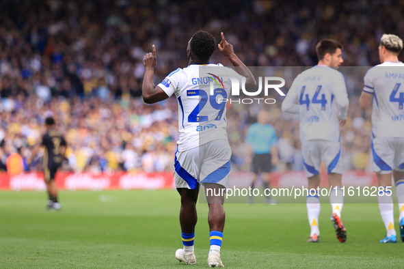 Wilfried Gnonto (Leeds United) scores his team's first goal during the Sky Bet Championship match between Leeds United and Coventry City at...