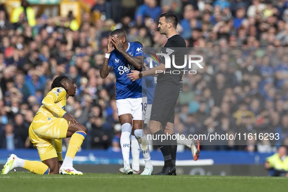 Ashley Young #18 of Everton F.C. gesticulates during the Premier League match between Everton and Crystal Palace at Goodison Park in Liverpo...