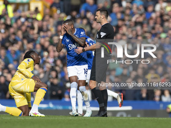 Ashley Young #18 of Everton F.C. gesticulates during the Premier League match between Everton and Crystal Palace at Goodison Park in Liverpo...