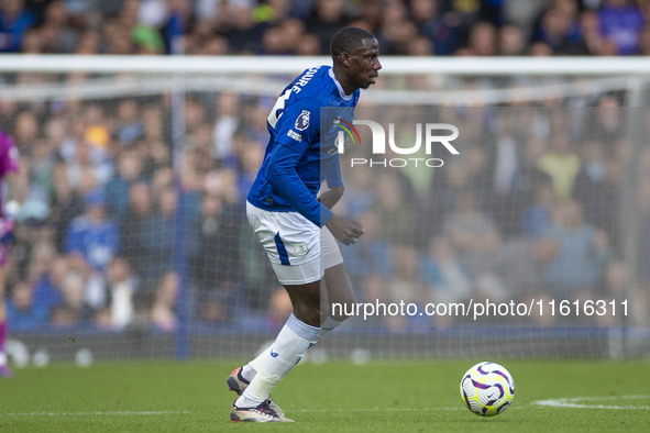 Abdoulaye Doucoure #16 of Everton F.C. is in action during the Premier League match between Everton and Crystal Palace at Goodison Park in L...