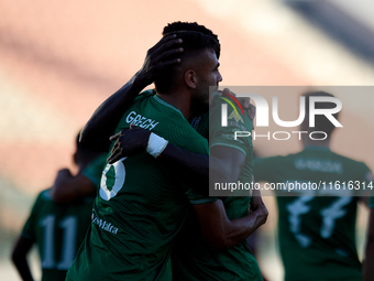 Jake Grech (L) of Floriana celebrates scoring the 1-0 goal with his teammates during the Malta 360 Sports Premier League soccer match betwee...