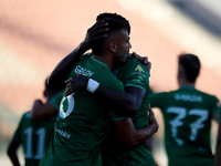 Jake Grech (L) of Floriana celebrates scoring the 1-0 goal with his teammates during the Malta 360 Sports Premier League soccer match betwee...