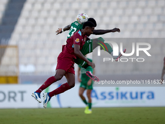 Zuniga Farid of Gzira United competes for the ball with Franklin Sasere of Floriana during the Malta 360 Sports Premier League soccer match...