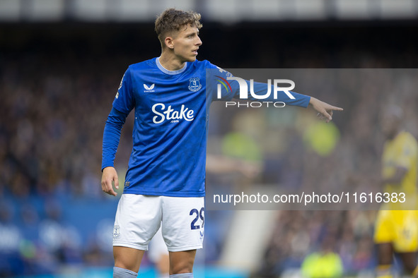 Jesper Lindstrom #29 of Everton F.C. gesticulates during the Premier League match between Everton and Crystal Palace at Goodison Park in Liv...