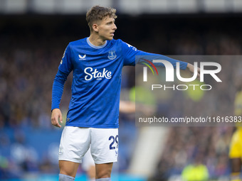 Jesper Lindstrom #29 of Everton F.C. gesticulates during the Premier League match between Everton and Crystal Palace at Goodison Park in Liv...