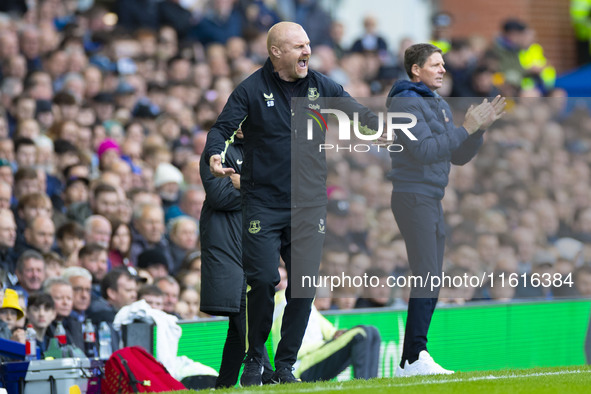 Everton F.C. manager Sean Dyche gesticulates during the Premier League match between Everton and Crystal Palace at Goodison Park in Liverpoo...