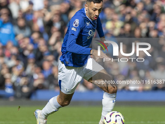 Dwight McNeil #7 of Everton F.C. is in action during the Premier League match between Everton and Crystal Palace at Goodison Park in Liverpo...