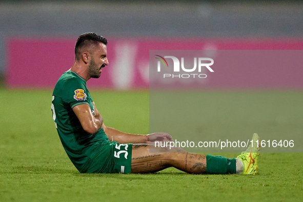 Alexandros Kouro of Floriana lies injured on the pitch after the Malta 360 Sports Premier League soccer match between Floriana and Gzira Uni...