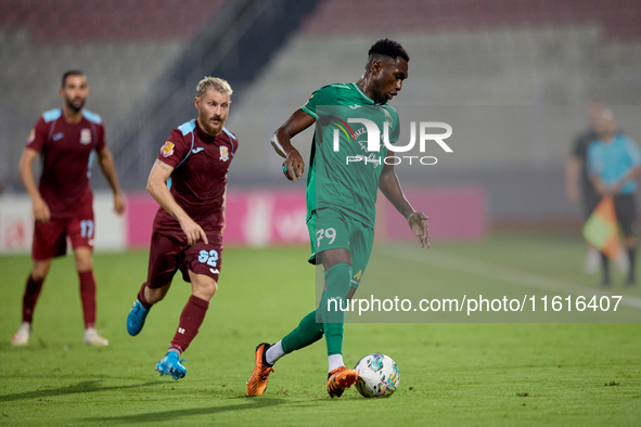 Cedric Serge Guy Yameogo (R) of Floriana is in action during the Malta 360 Sports Premier League soccer match between Floriana and Gzira Uni...