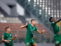 Floriana soccer players Nicolas Marias Garcia (L), Alexandros Kouro (C), and Franklin Sasere (R) are in action during the Malta 360 Sports P...