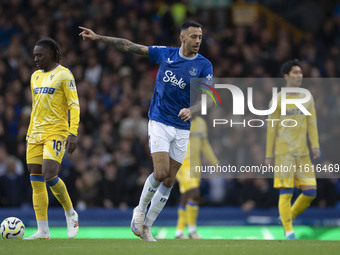 Dwight McNeil #7 of Everton F.C. celebrates his goal during the Premier League match between Everton and Crystal Palace at Goodison Park in...