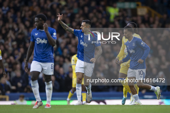 Dwight McNeil #7 of Everton F.C. celebrates his goal during the Premier League match between Everton and Crystal Palace at Goodison Park in...