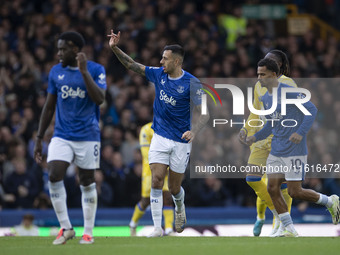 Dwight McNeil #7 of Everton F.C. celebrates his goal during the Premier League match between Everton and Crystal Palace at Goodison Park in...