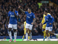 Dwight McNeil #7 of Everton F.C. celebrates his goal during the Premier League match between Everton and Crystal Palace at Goodison Park in...