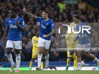 Dwight McNeil #7 of Everton F.C. celebrates his goal during the Premier League match between Everton and Crystal Palace at Goodison Park in...