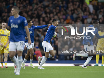 Dwight McNeil #7 of Everton F.C. celebrates his goal during the Premier League match between Everton and Crystal Palace at Goodison Park in...