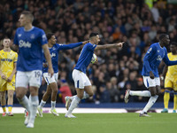 Dwight McNeil #7 of Everton F.C. celebrates his goal during the Premier League match between Everton and Crystal Palace at Goodison Park in...