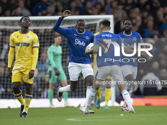 Dwight McNeil #7 of Everton F.C. celebrates his goal during the Premier League match between Everton and Crystal Palace at Goodison Park in...