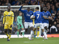 Dwight McNeil #7 of Everton F.C. celebrates his goal during the Premier League match between Everton and Crystal Palace at Goodison Park in...