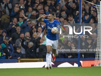 Dwight McNeil #7 of Everton F.C. celebrates his goal during the Premier League match between Everton and Crystal Palace at Goodison Park in...