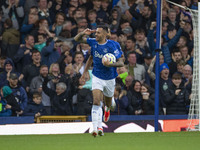 Dwight McNeil #7 of Everton F.C. celebrates his goal during the Premier League match between Everton and Crystal Palace at Goodison Park in...