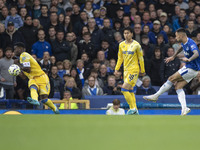 Dwight McNeil #7 of Everton F.C. scores a goal during the Premier League match between Everton and Crystal Palace at Goodison Park in Liverp...