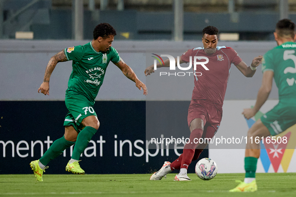 Thiago Aldama (R) of Gzira United is in action during the Malta 360 Sports Premier League soccer match between Floriana and Gzira United at...