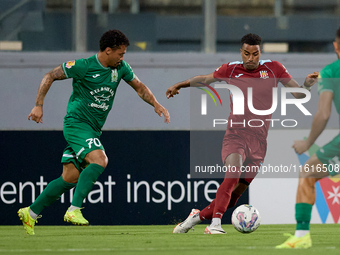 Thiago Aldama (R) of Gzira United is in action during the Malta 360 Sports Premier League soccer match between Floriana and Gzira United at...