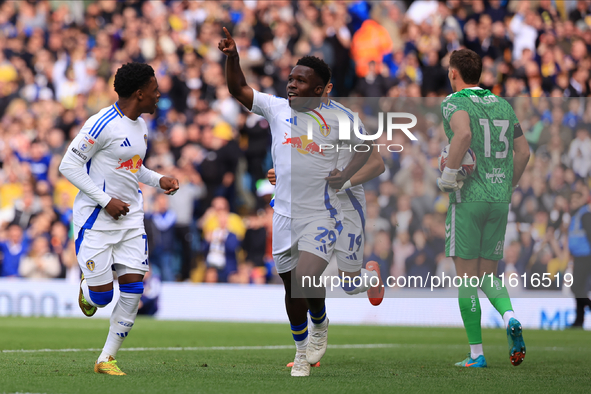 Wilfried Gnonto (Leeds United) scores his team's first goal during the Sky Bet Championship match between Leeds United and Coventry City at...