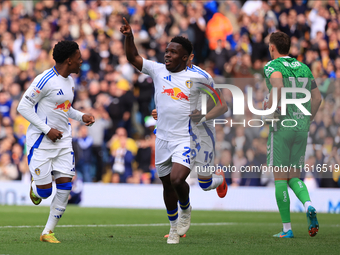 Wilfried Gnonto (Leeds United) scores his team's first goal during the Sky Bet Championship match between Leeds United and Coventry City at...