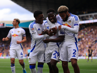 Wilfried Gnonto (Leeds United) celebrates with Largie Ramazani (Leeds United) and Jayden Bogle (Leeds United) during the Sky Bet Championshi...